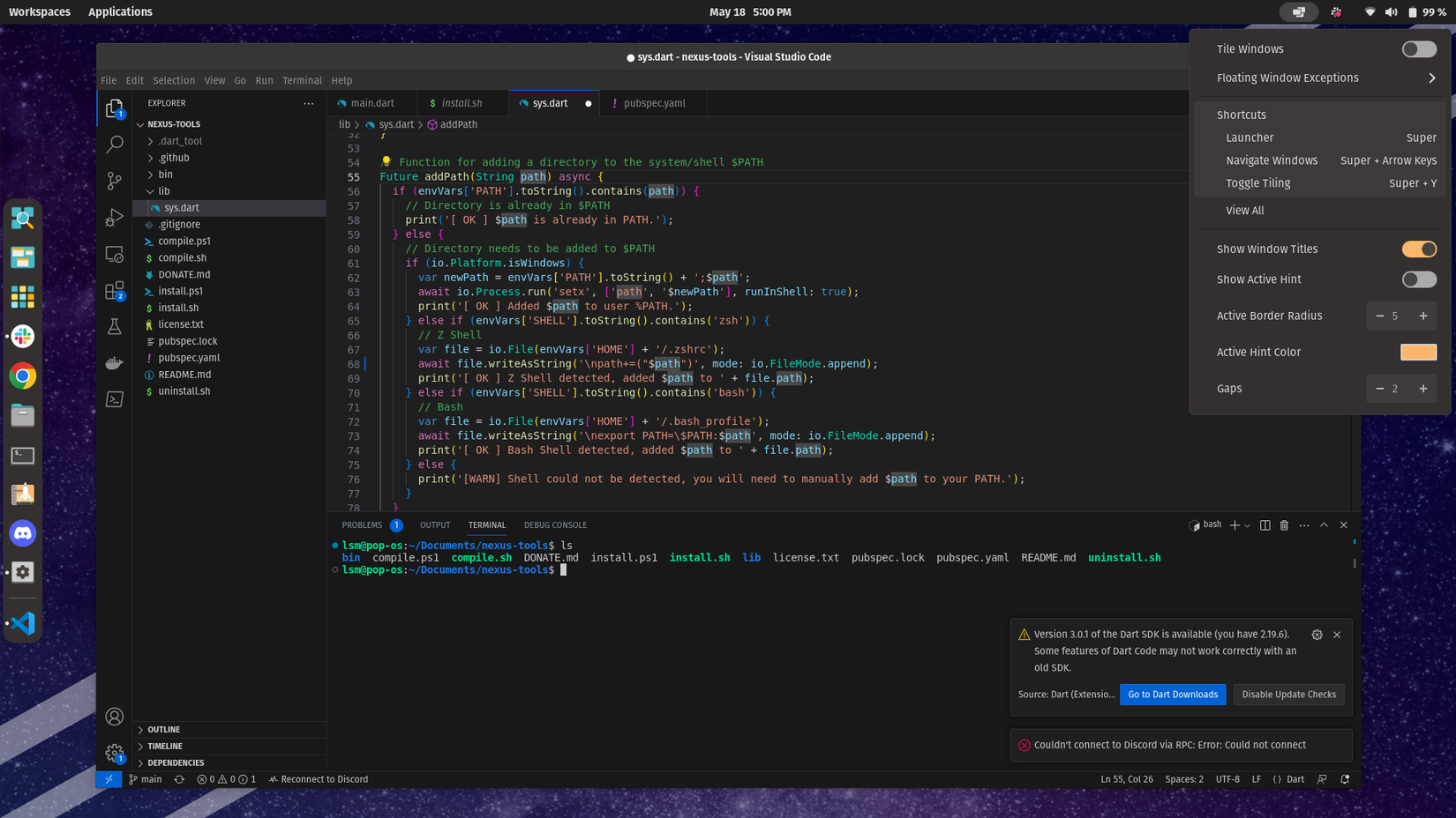 A screenshot of Pop!_OS showing a code editor open with code.
